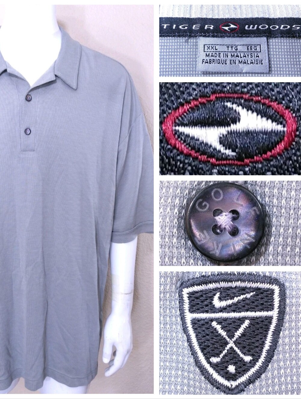 TIGER WOODS Vintage Polo Golf Shirt XXL Yin Yang Logo NIKE GOLF 2XL VTG 90s RARE